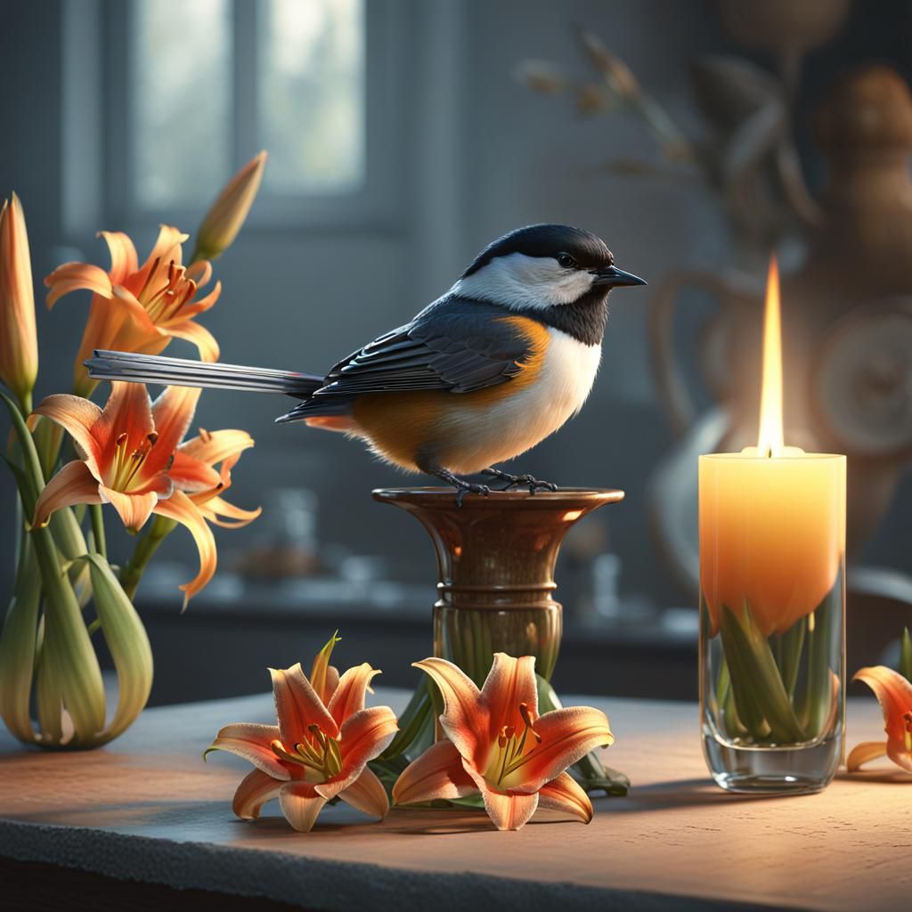 Chickadee Bird with Sword and Lilies in Hyper-Realism