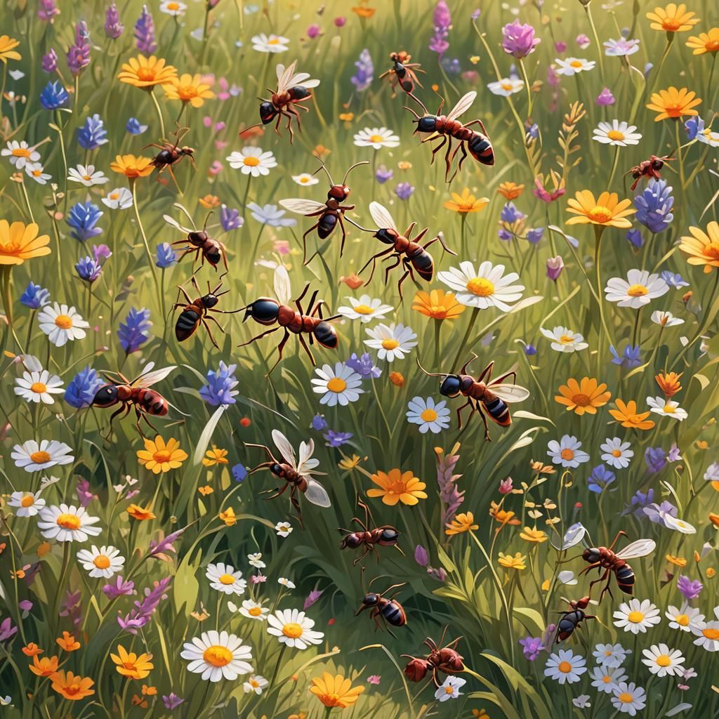 Ant Colony Thriving in Sunny Wildflower Meadow