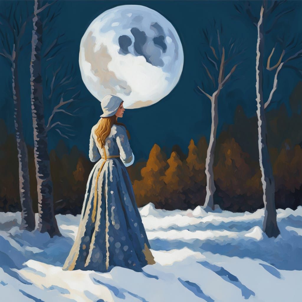 Medieval Woman in Snowy Forest Gouache Painting