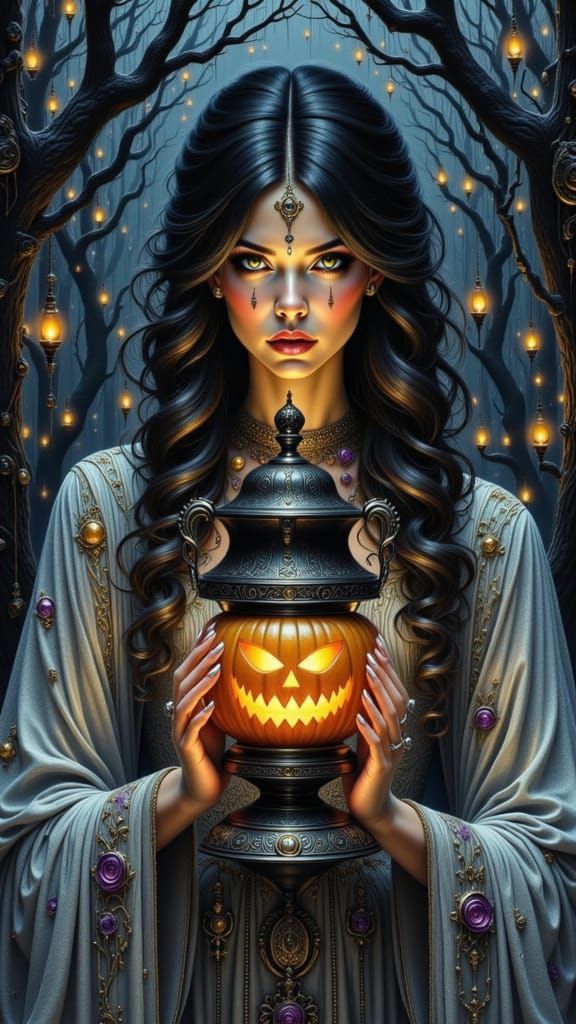 Regal Halloween Goddess Holding Magical Jack-o-Lantern
