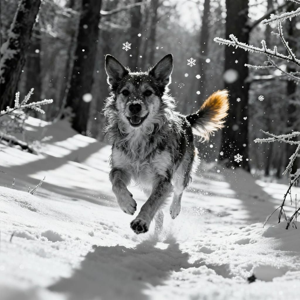 Happy Dog Gallops Through Snowy Winter Woodland
