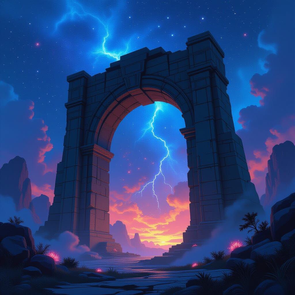 Ethereal Archway Under Nebula Sky: Digital Painting