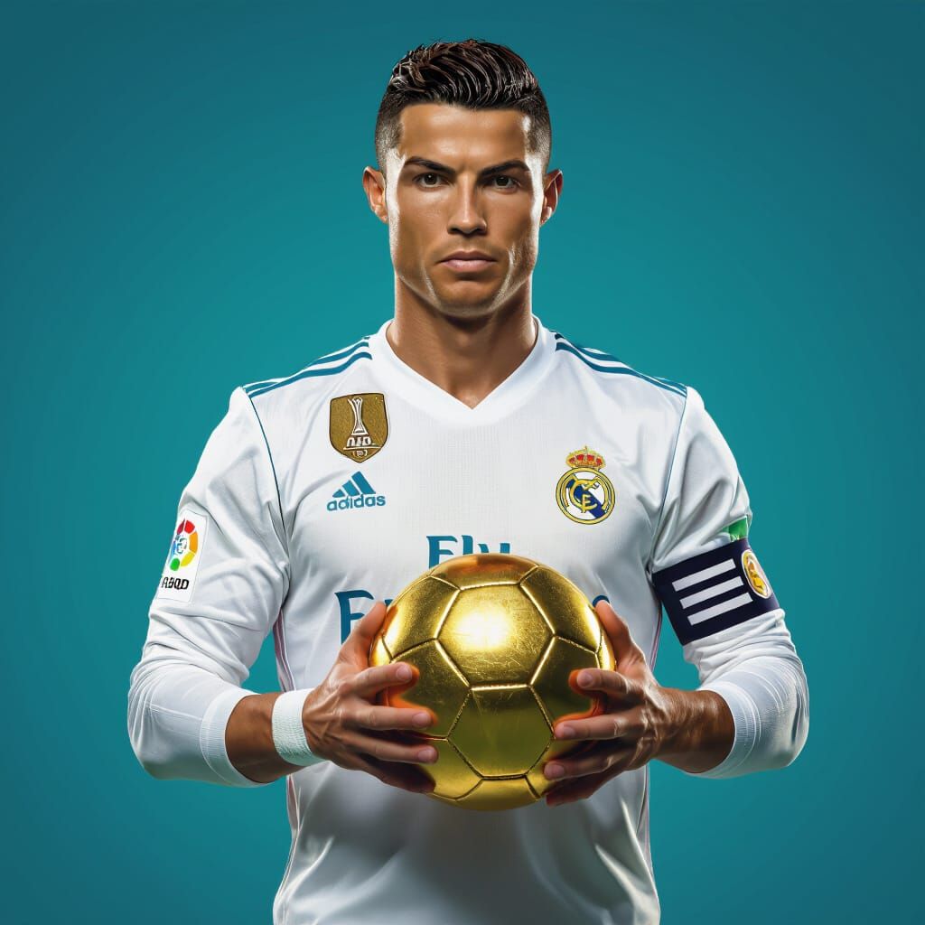 Ronaldo in Real Madrid Jersey Holding Gold Ball