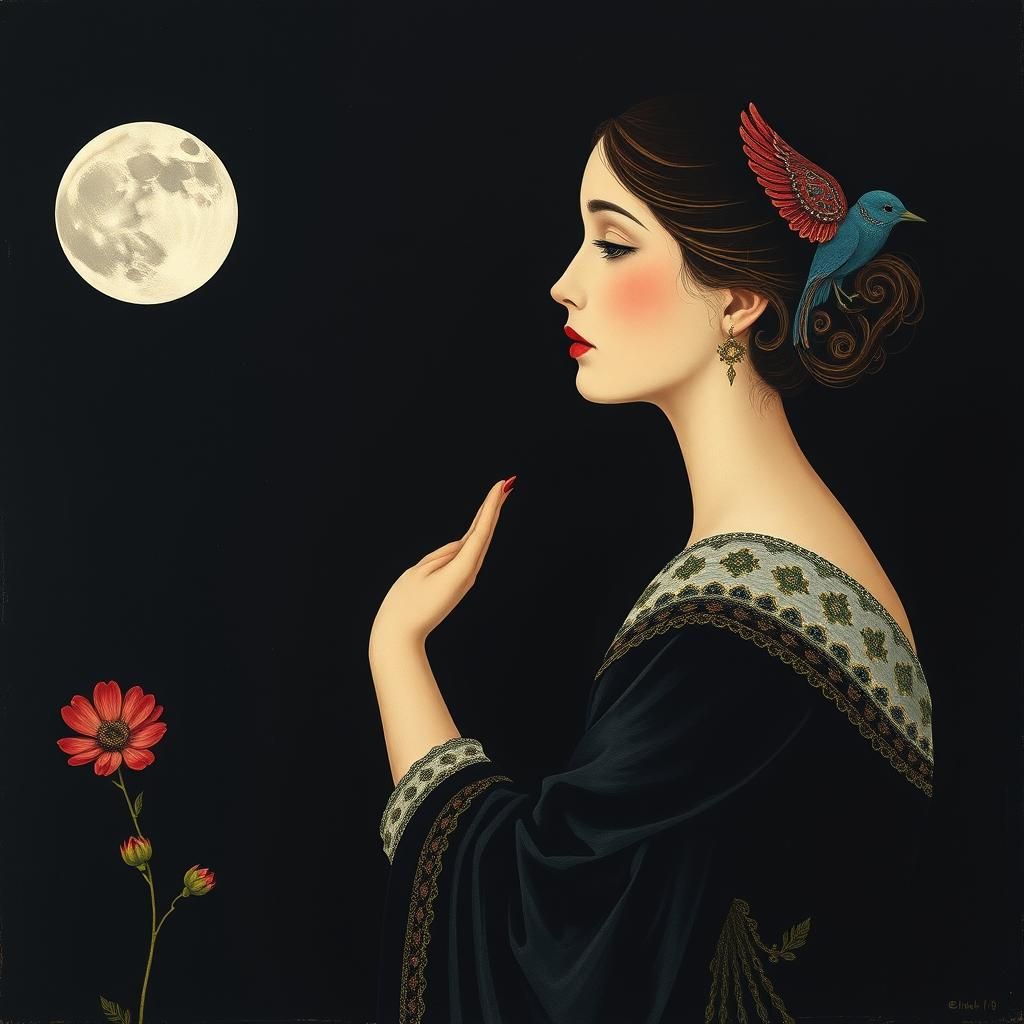 Woman Contemplating Moon in Palekh Painting Style