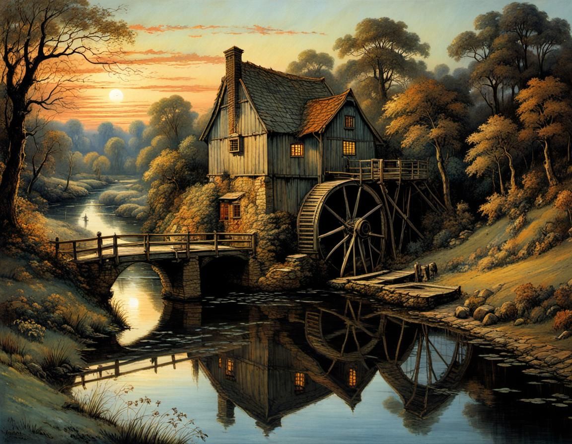 Historic Watermill in Evening Light, Golden Age Illustration