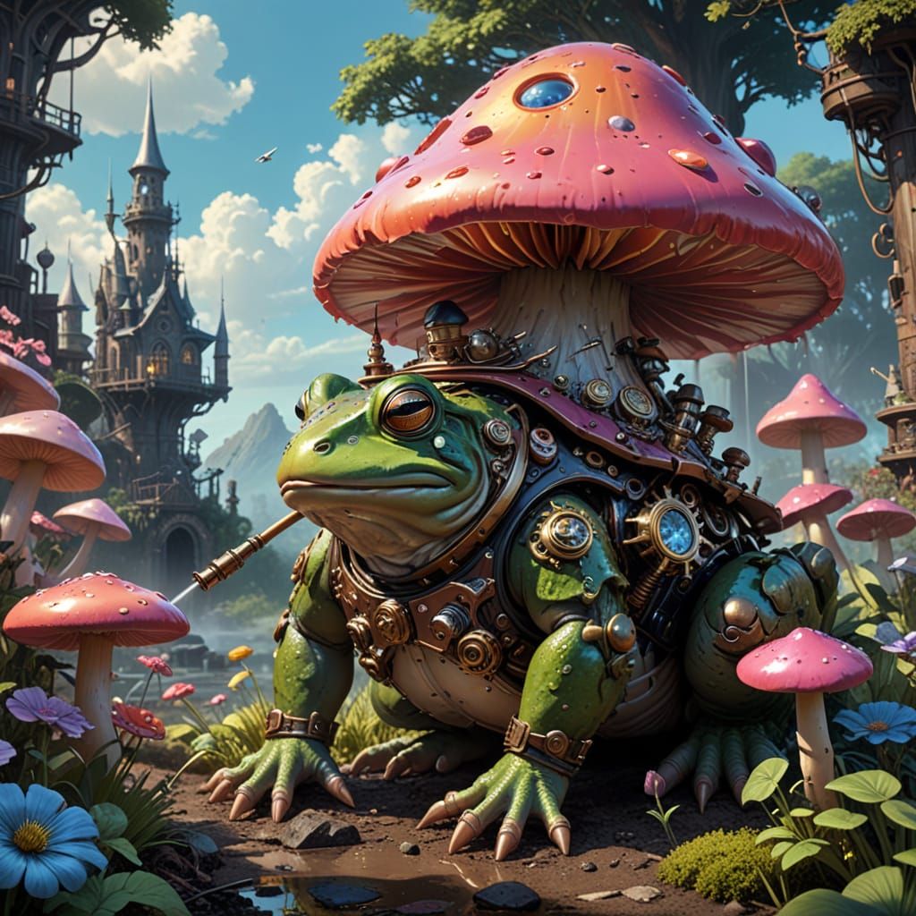 Steampunk Automaton Bullfrog in Whimsical Candyland Scene