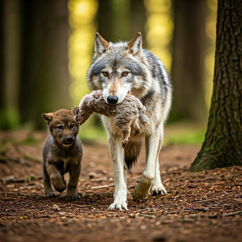 Majestic She-Wolf with Cubs in Forest Clearing