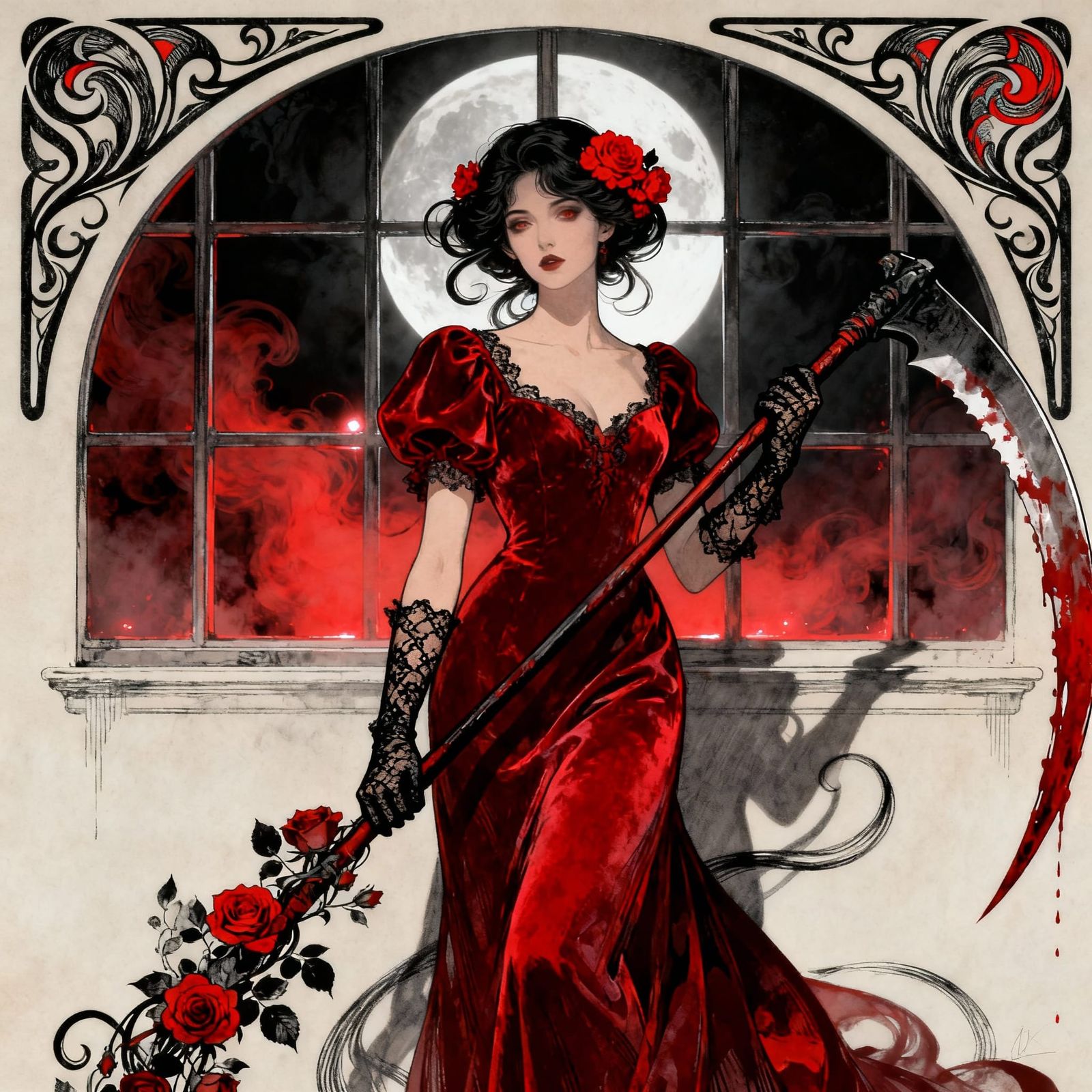 Crimson Lady with Roses and Scythe in Art Nouveau Style
