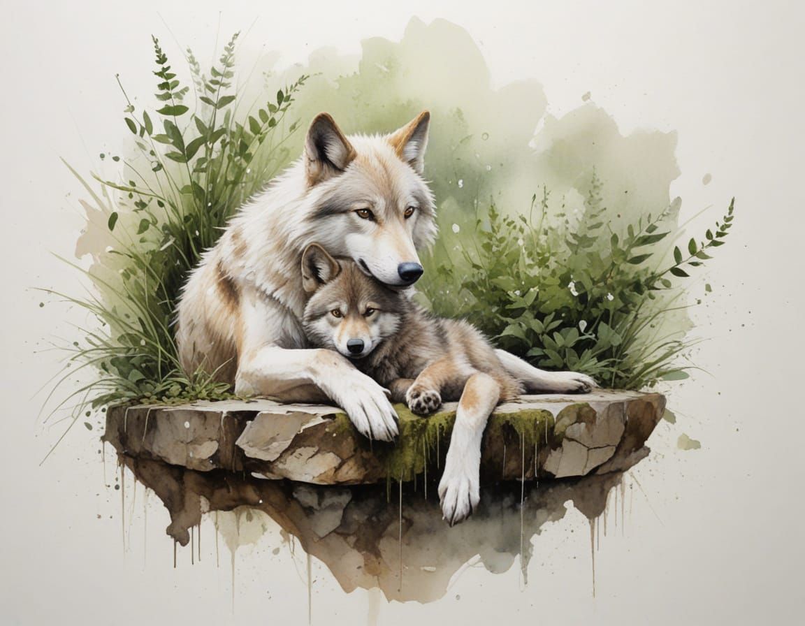 Wolves Resting in Forest Den, Painterly Realism