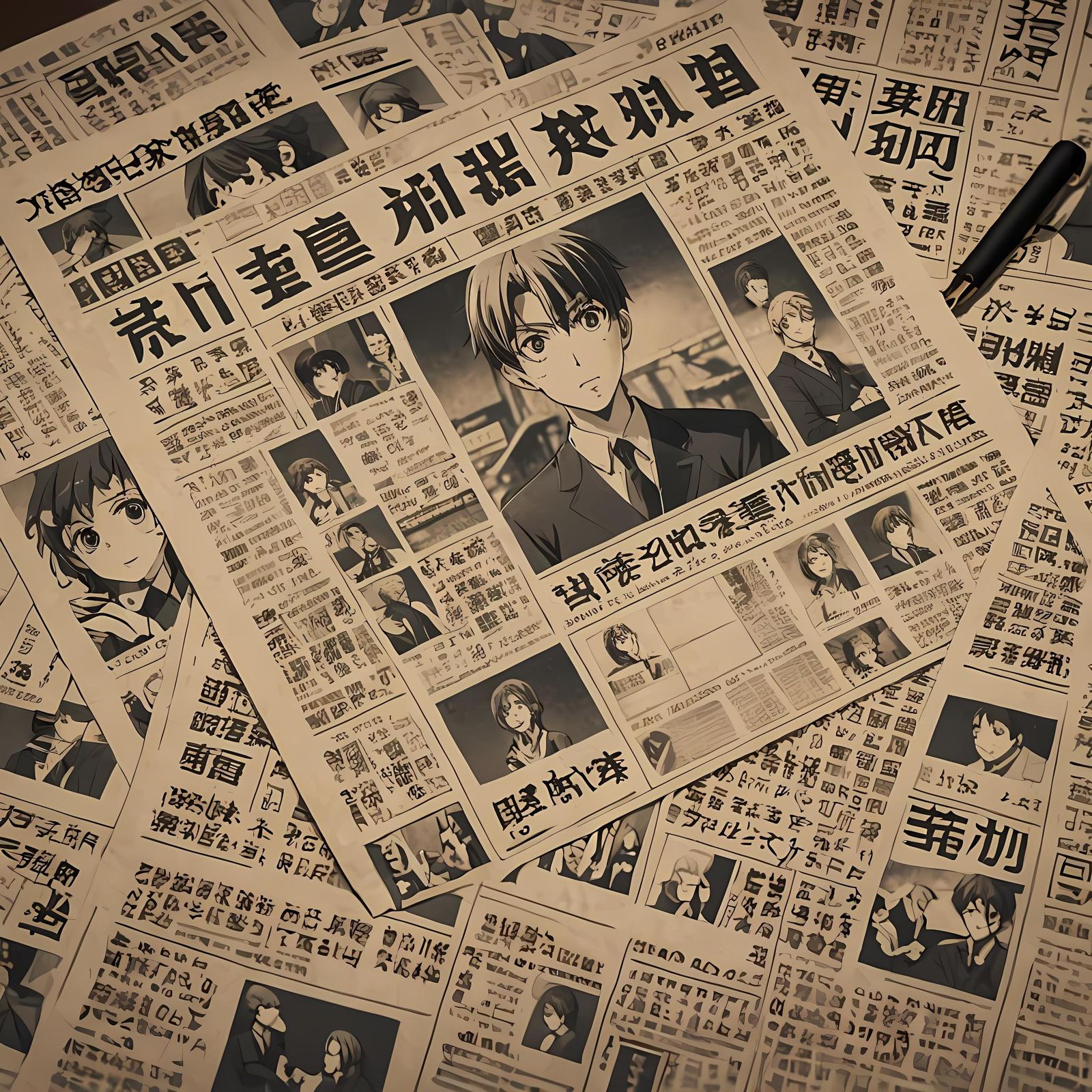 Detailed Anime Newspaper on Empty Desk