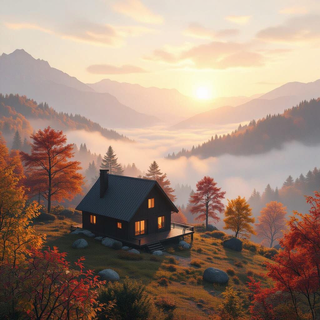 Cinematic Cabin in Misty Autumn Mountains