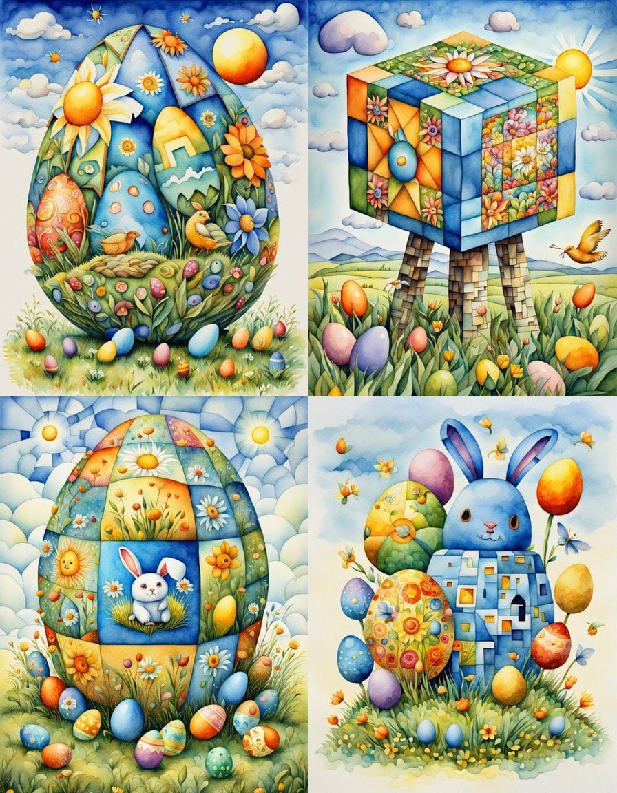 Cubist Easter Celebration in Vibrant Watercolor