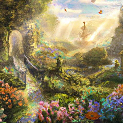 Victorian Garden in Sunlight: Dreamlike Hazy Watercolor