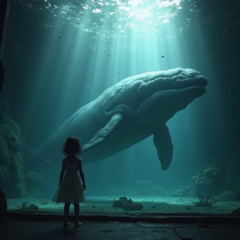 Terrifying Whale Emerges in Dark Aquarium: Matte Painting