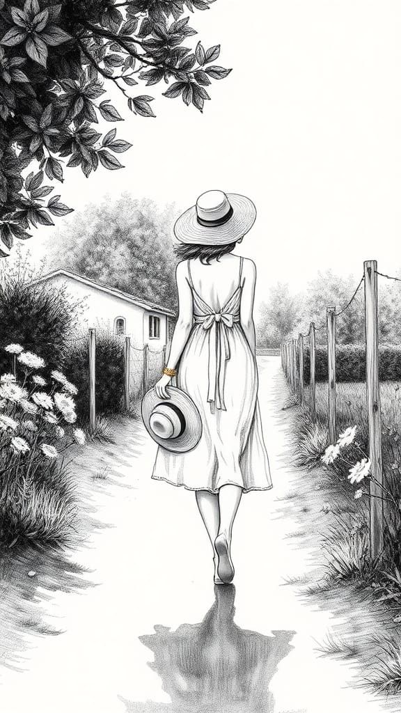 Elegant Woman in Sun Dress: Monochromatic Ink Drawing