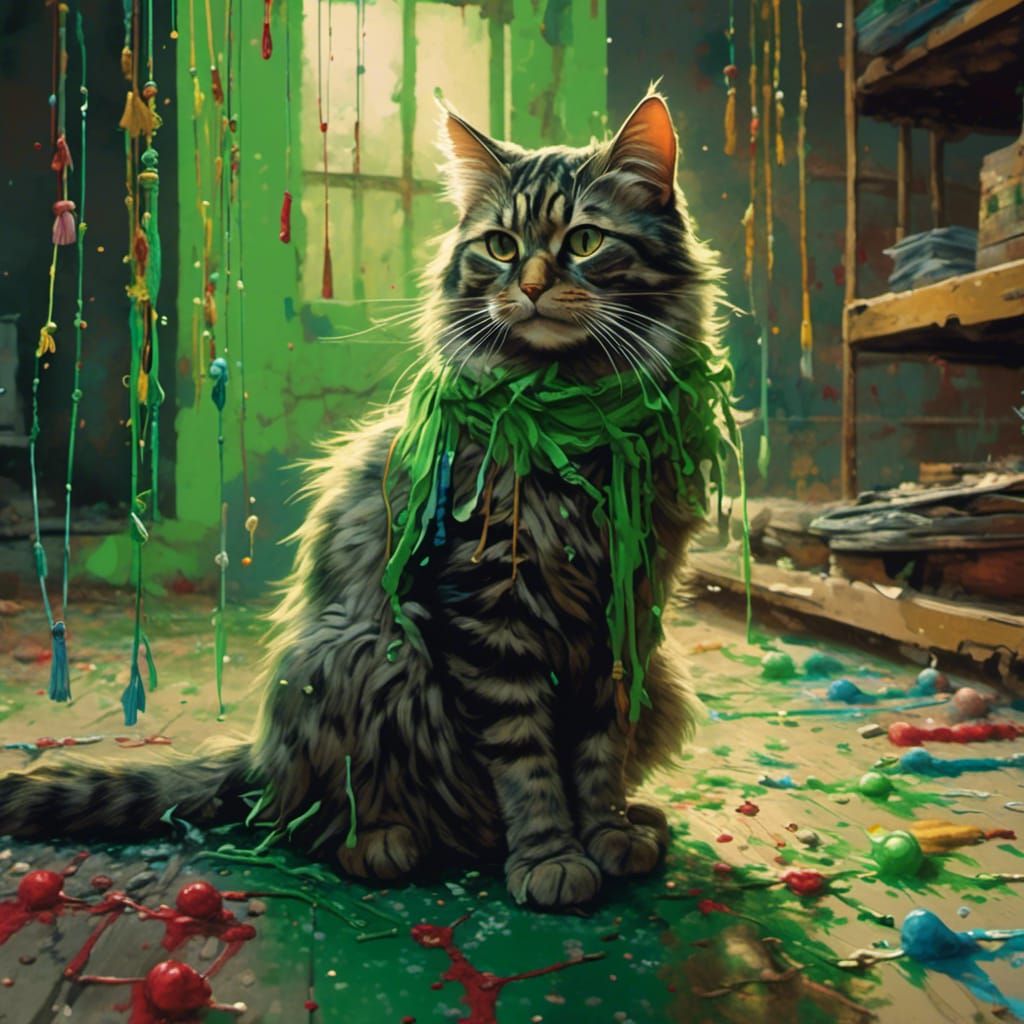 Green Cat Close-Up with Splatter Graffiti Effect