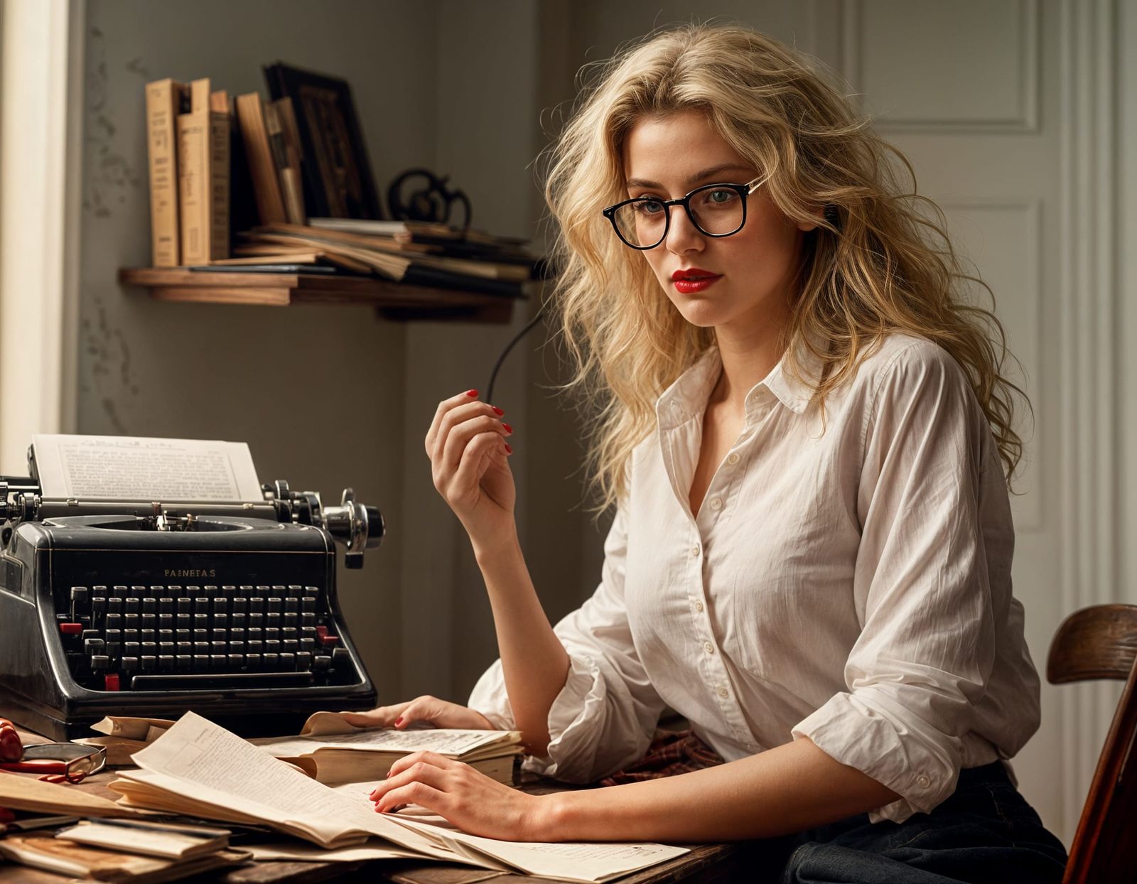 Blonde Woman Typing in Hyperrealism Style