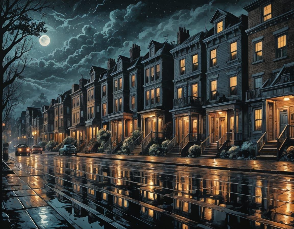 Luxury Homes at Night in Comic Book Art Style