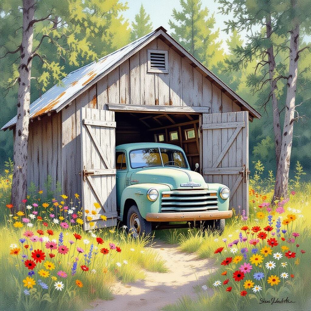 Weathered Shed with Truck, Watercolor Style