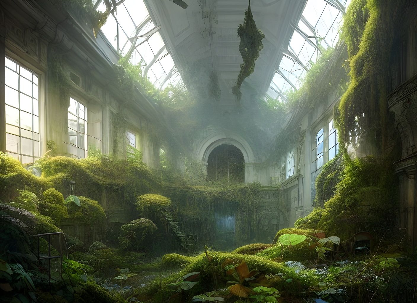 Overgrown Bank Office Interior: Hyperdetailed Photography