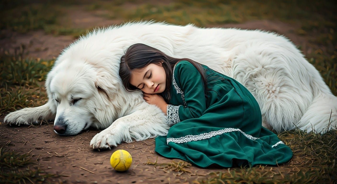 Girl Lying Beside Loyal White Dog in Serene Summer Meadow