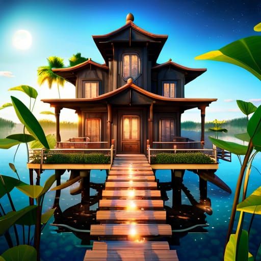 Magical Blueberry Lakehouse in Dreamlike Style