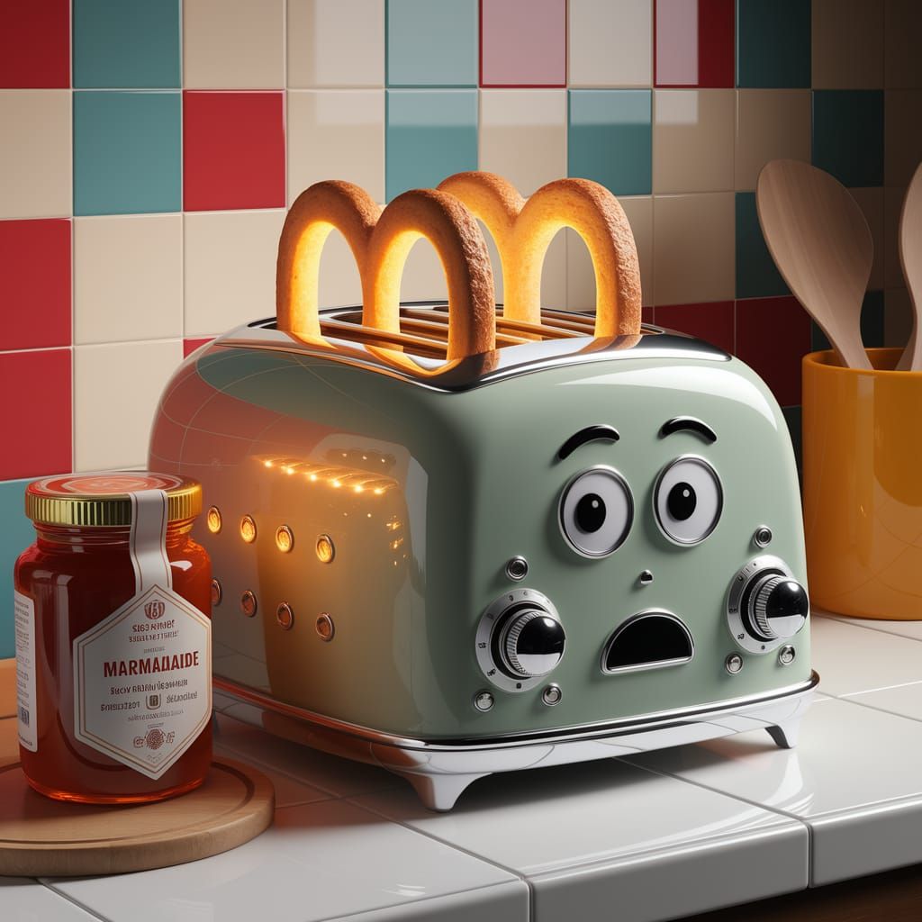 Retro Kitchen Scene with Surprised Toaster