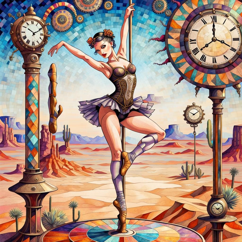 Steampunk Ballerina in Desert with Psychedelic Effects
