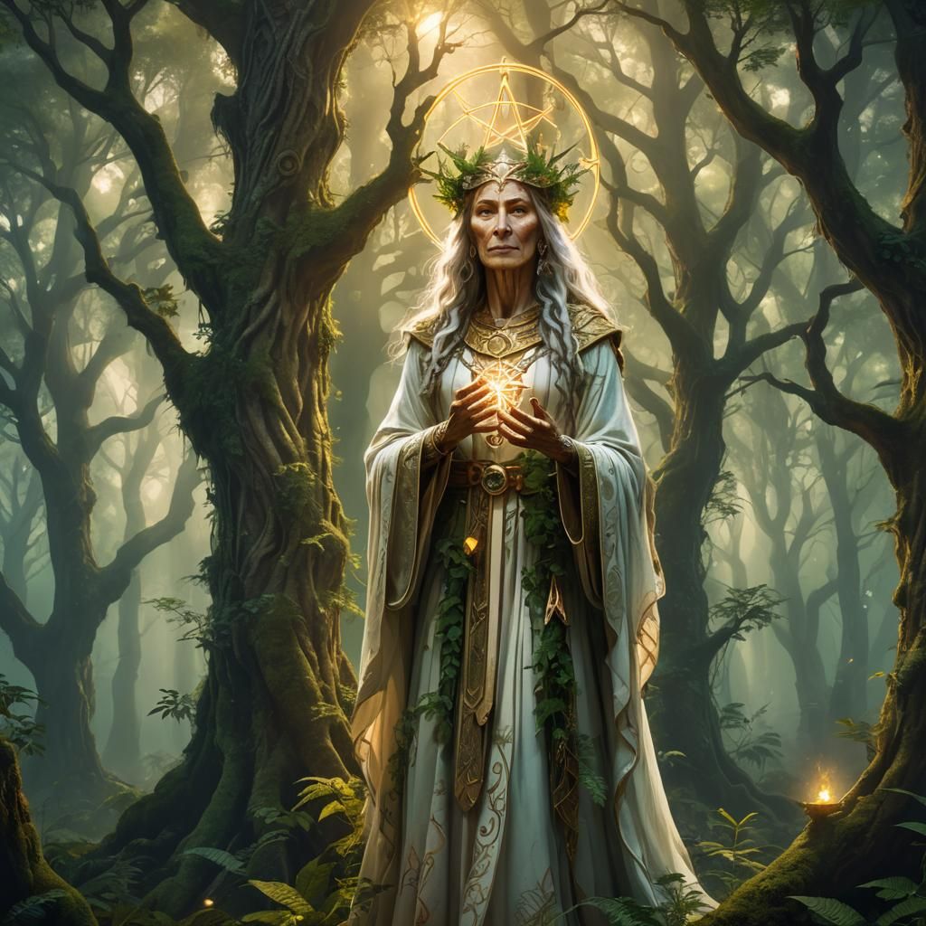 Druid Priestess with Light Pentagram in Forest