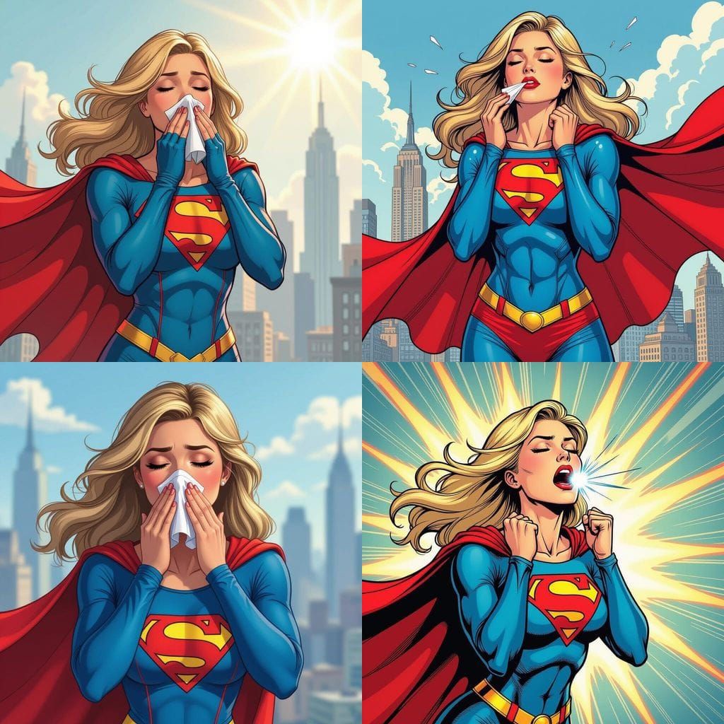 Supergirl Sneezing in Comic Book Art Style