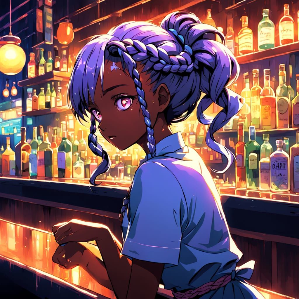 Dark-Skinned Anime Bartender in Vibrant Digital Art