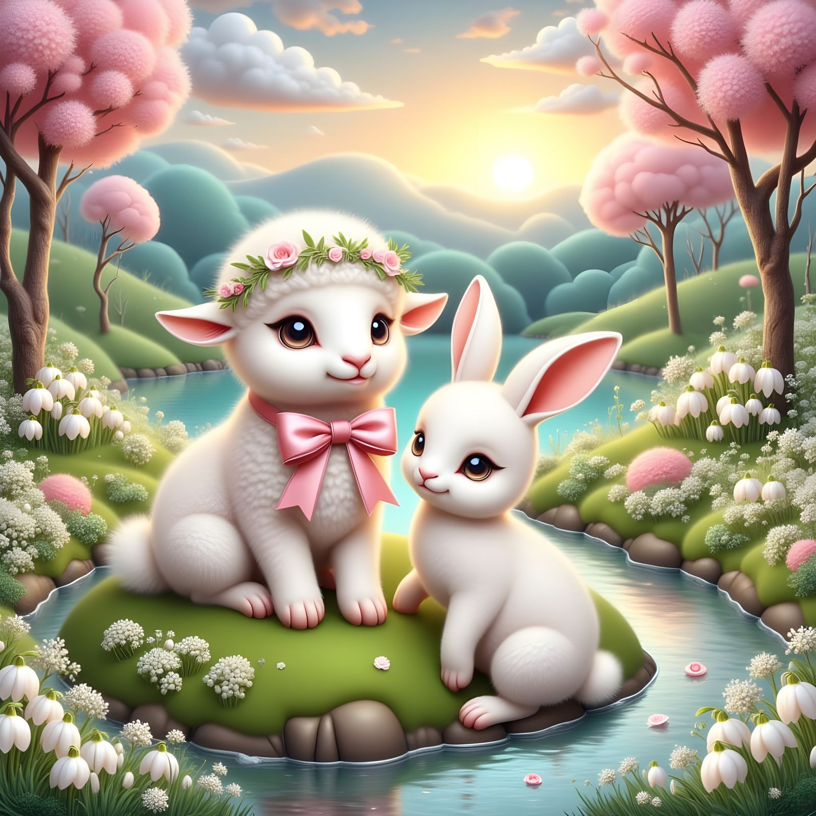 Cute Lamb with Pink Bow in Whimsical Fantasy Landscape