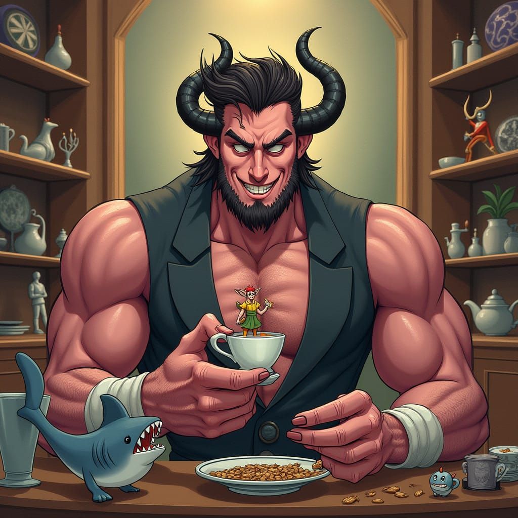Suave Demon Wrestler Sips Earl Grey Amidst Whimsical Trinket...