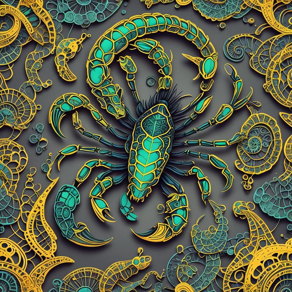Neon Scorpion in Abstract Fractal Vector Art