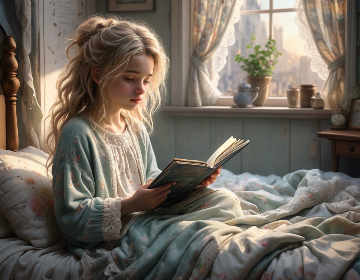 Dreamy Watercolour Painting of a Blonde Girl in Pyjamas with...