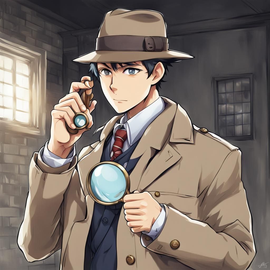 Detective Inspecting Clue in Anime Art Style