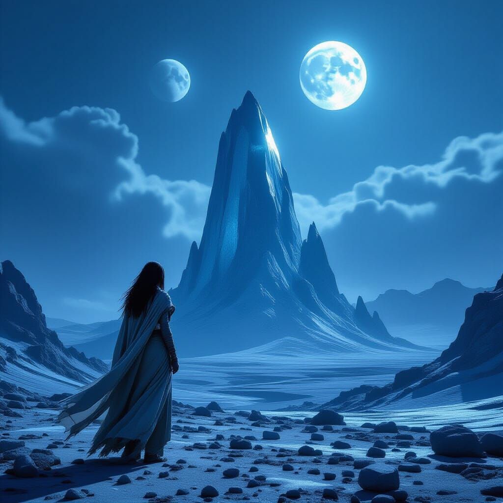 Woman Gazes at Crystalline Rock on Alien Planet