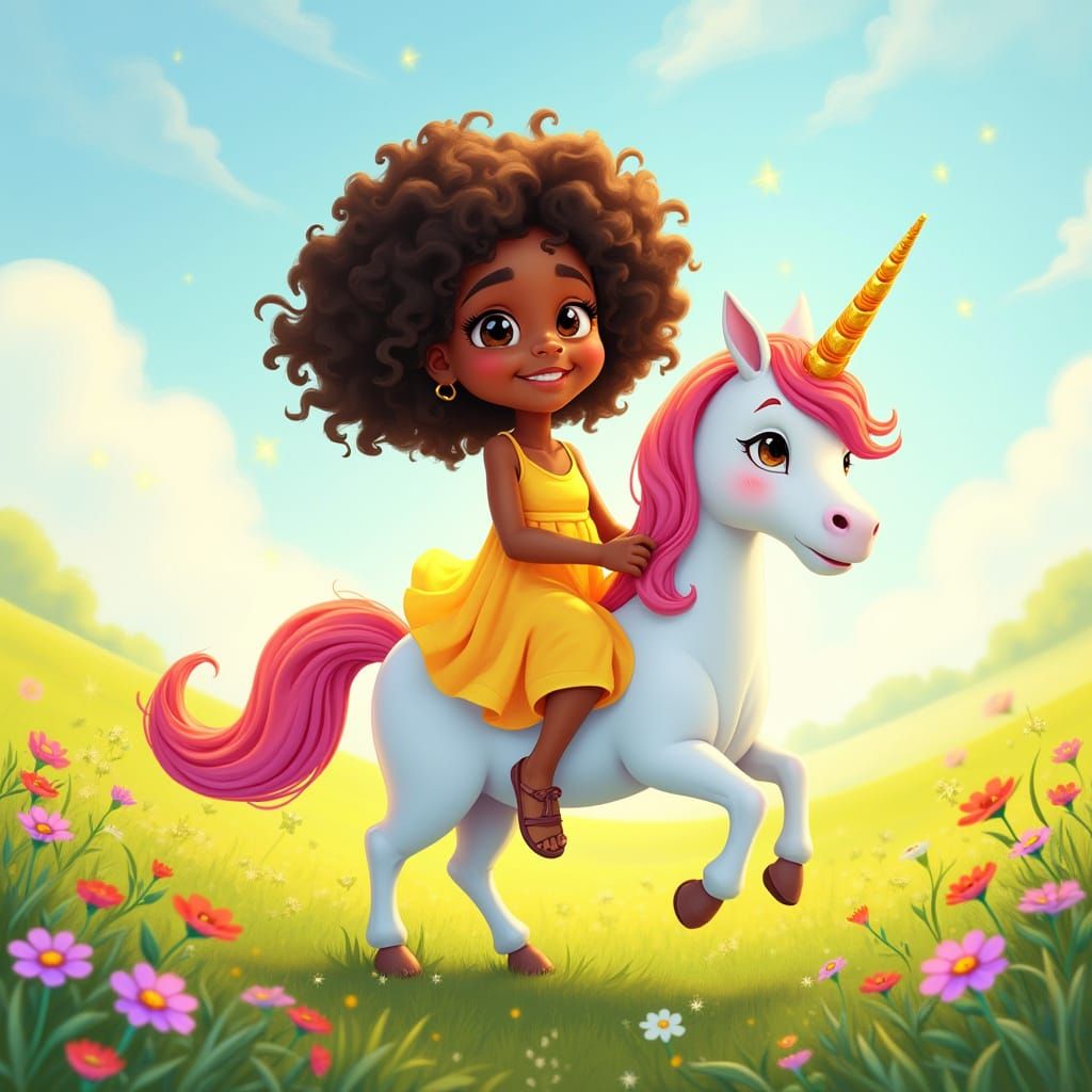 Girl on Unicorn in Vibrant Meadow, Animation Style
