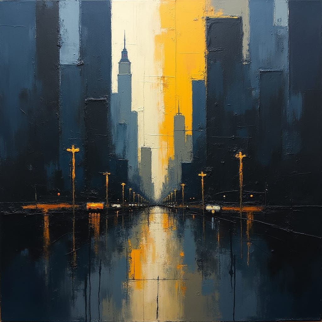 Modern Cityscape in Deep Blues and Golden Accents
