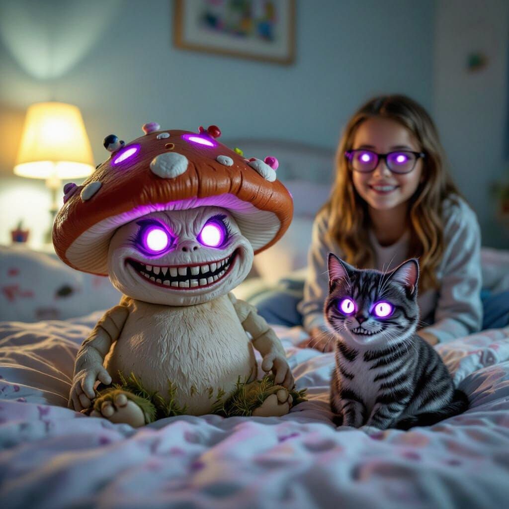 Eerie Mushroom and Cat with Glowing Eyes on Bed