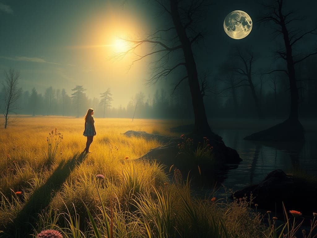 Woman in Sunlit Meadow Beside Moonlit Swamp, Fantasy Art