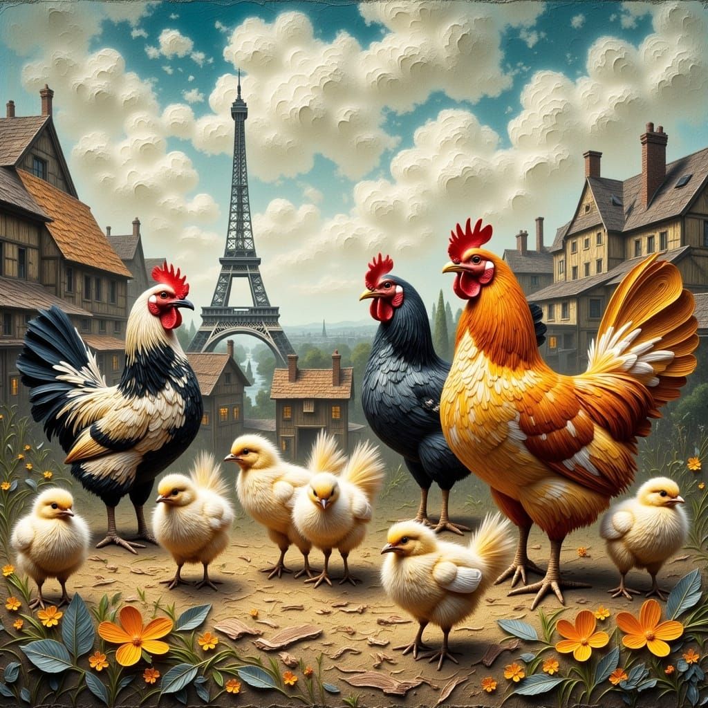 Hens and Chicks in Rustic Farmyard with Eiffel Tower