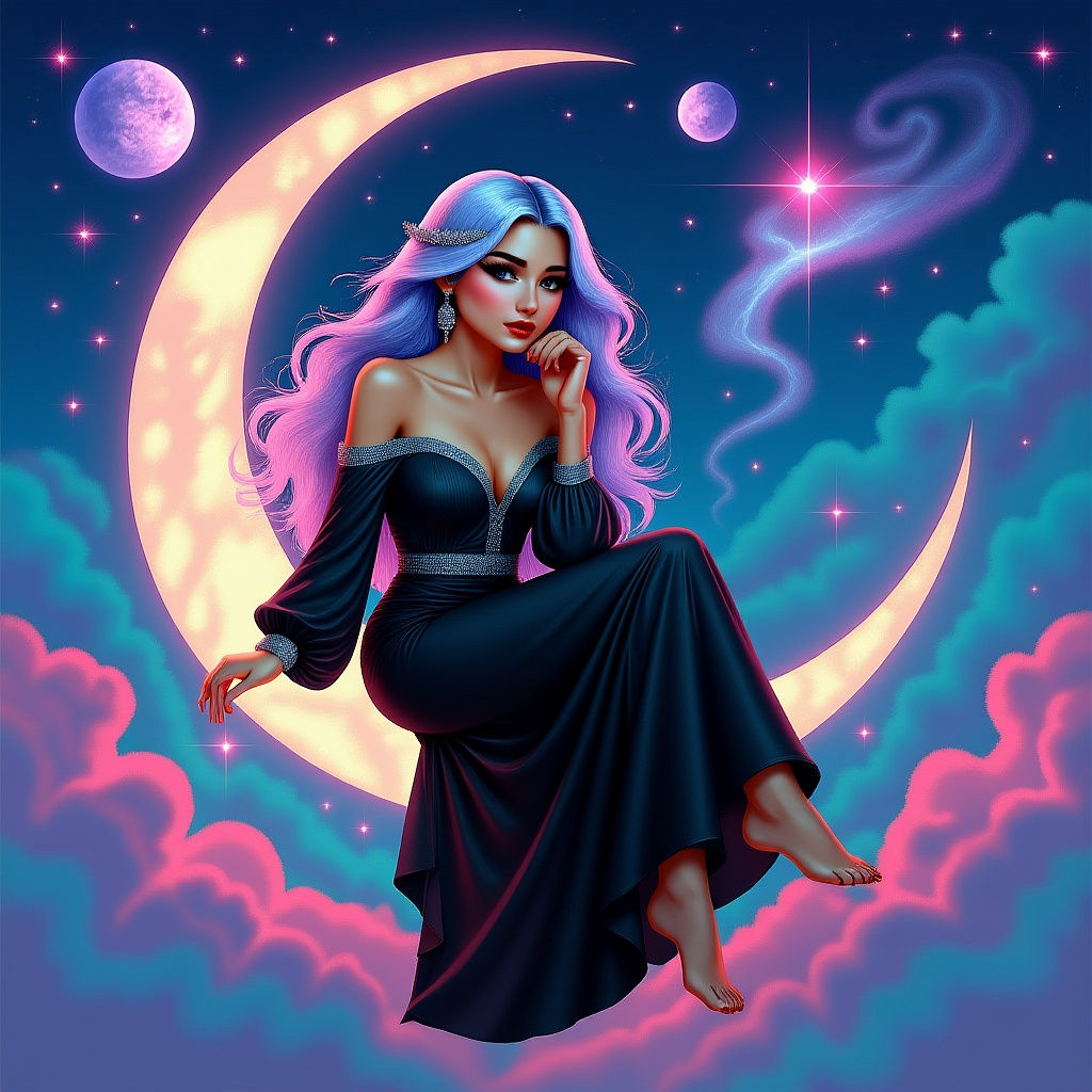 Dreamy Woman on Moon in Cosmic Airbrush Art