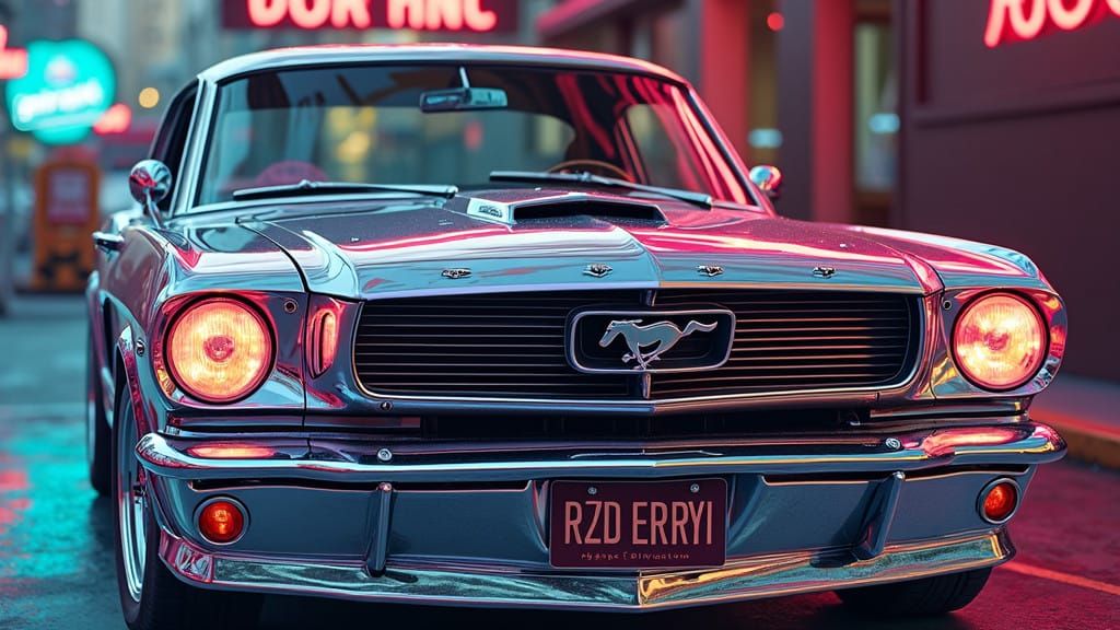 Surreal Chrome Mustang 1965 in Psychedelic Dreamscapes