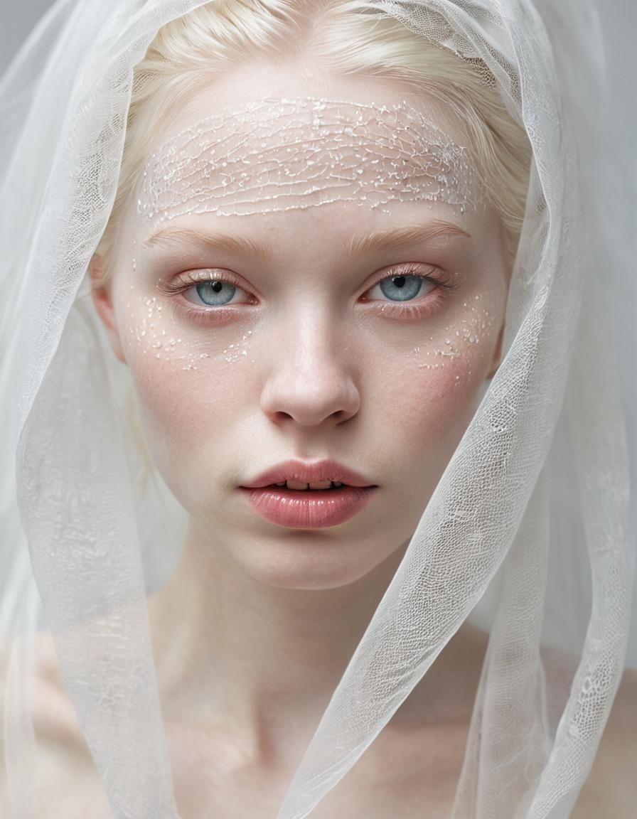 Albino Girl Portrait with Tulle Veil in White