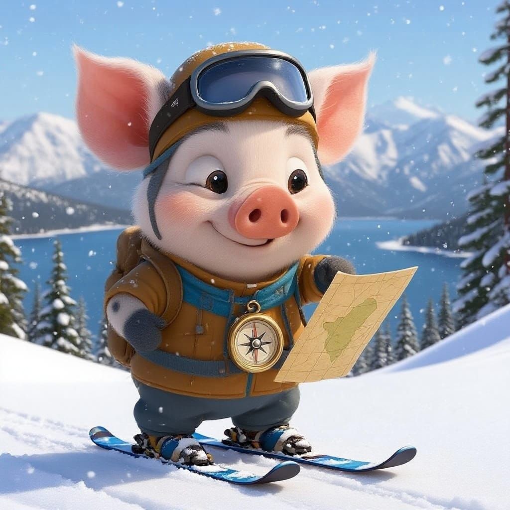 Luke Pig in Snow Gear on Skis with Treasure Map