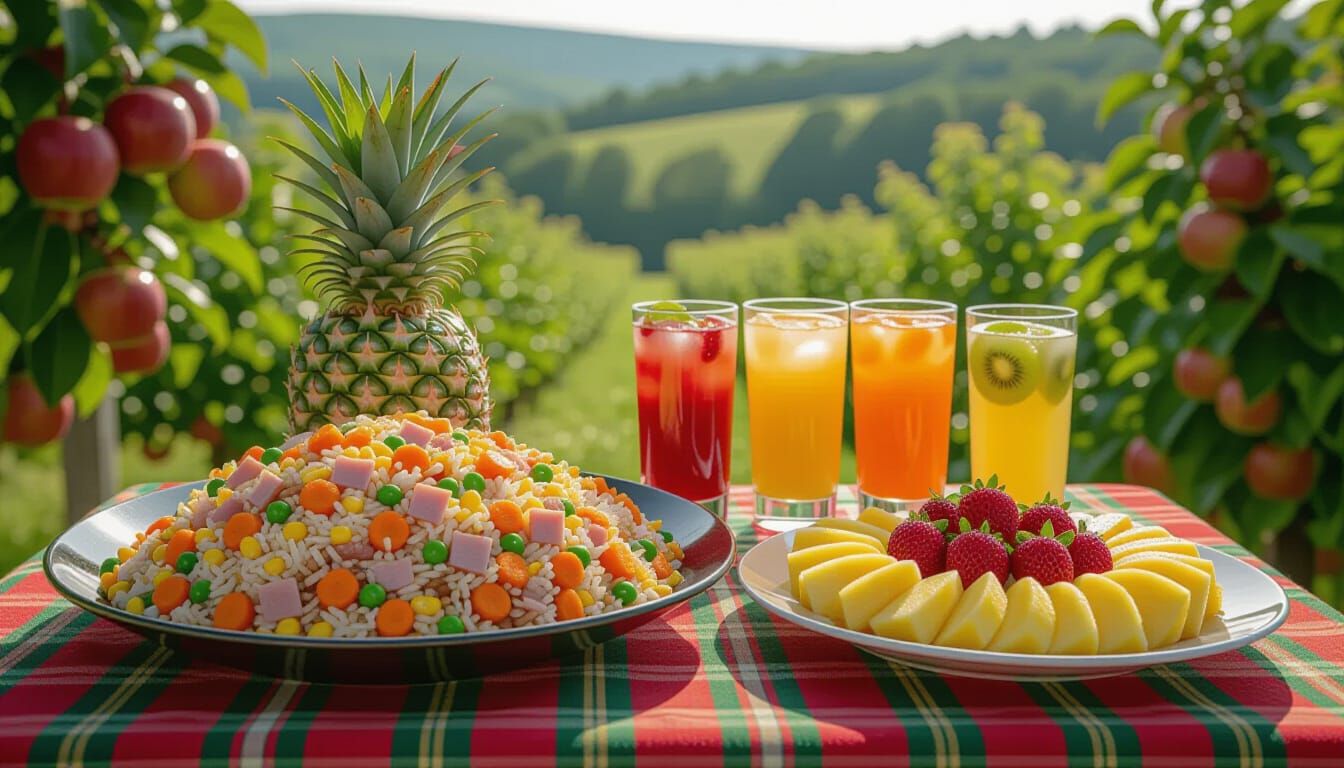 Vibrant Fried Rice Platter with Fruit and Drinks