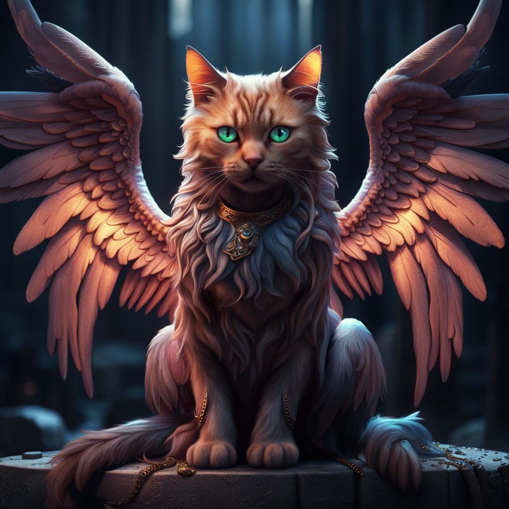 Cat with Angel Wings in Detailed Matte Painting