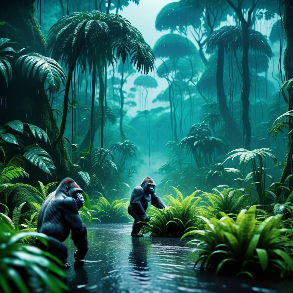 A rainforest misty lots of rain where the wild gorillas tryi...