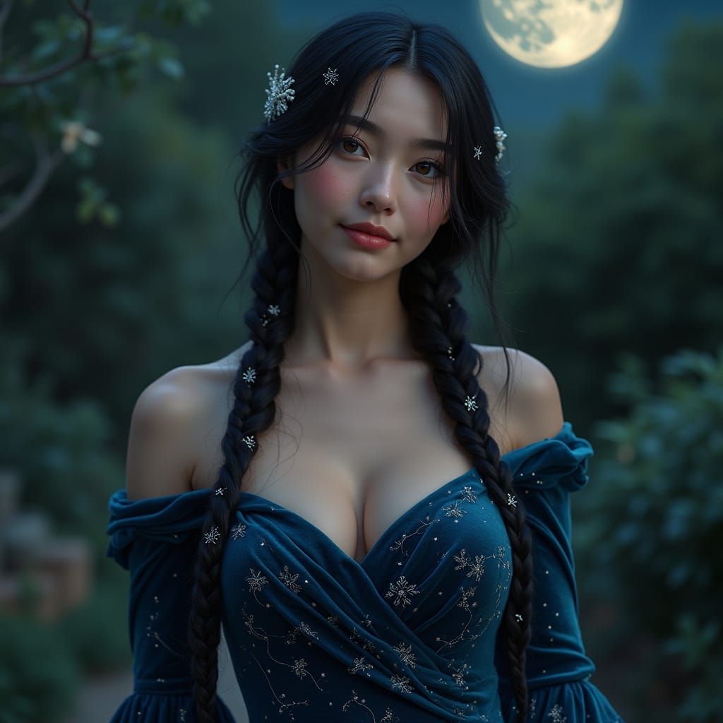 Moonlit Woman with Braids in Art Nouveau Style